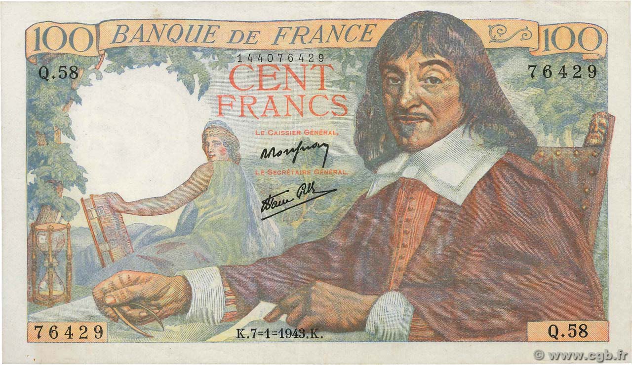 100 Francs DESCARTES FRANCE  1943 F.27.03 pr.SUP