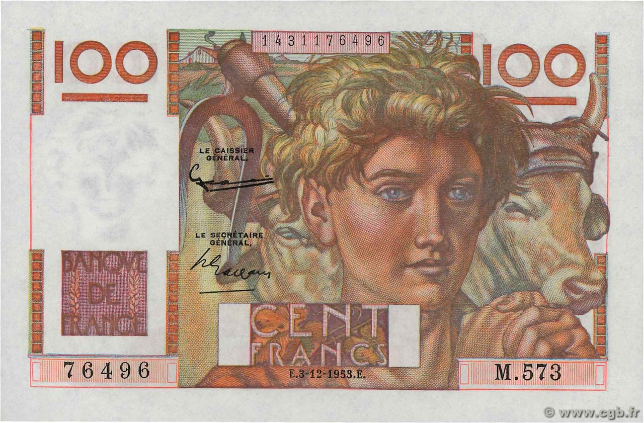 100 Francs JEUNE PAYSAN FRANCE  1953 F.28.40 NEUF