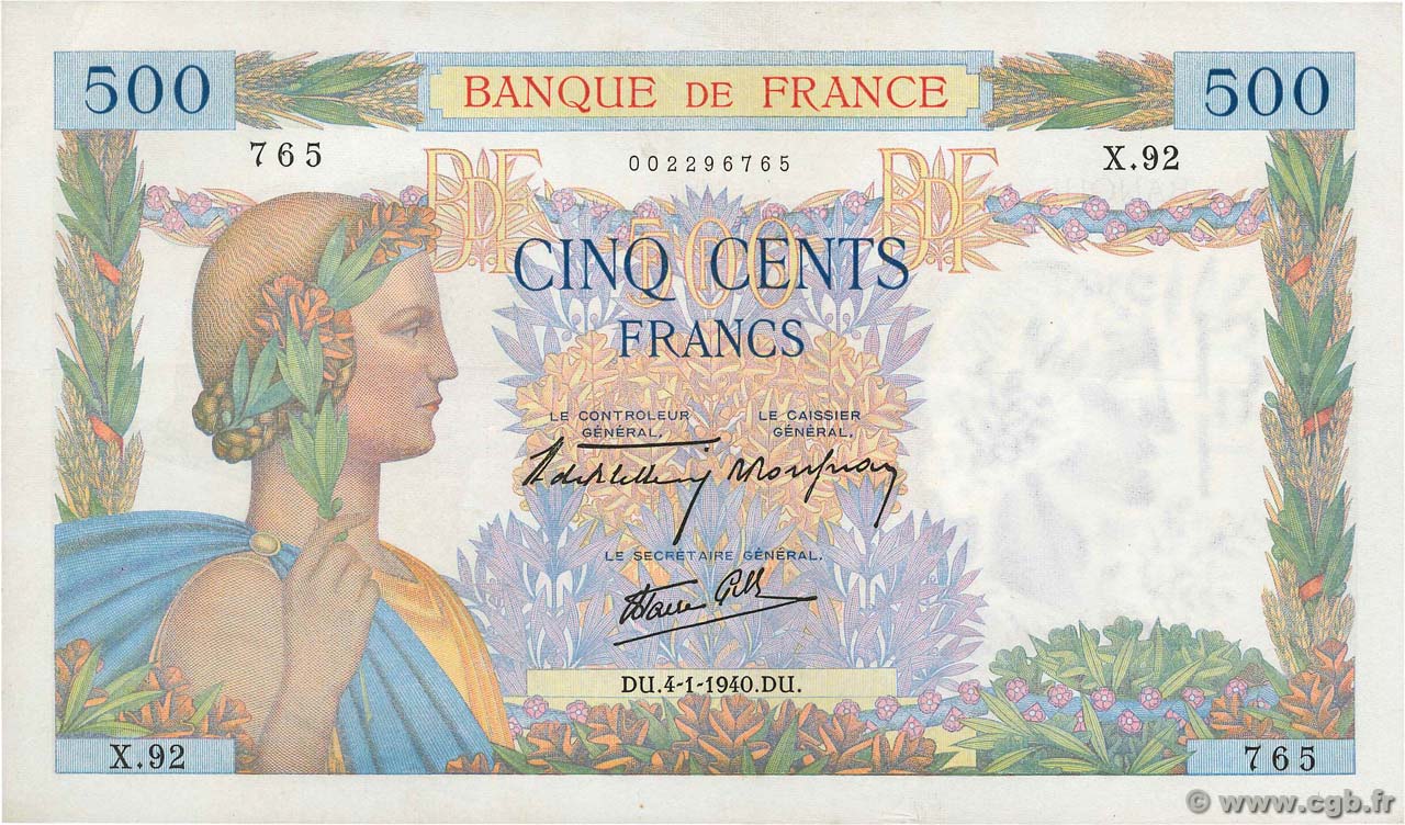 500 Francs LA PAIX FRANCE  1940 F.32.01 SUP