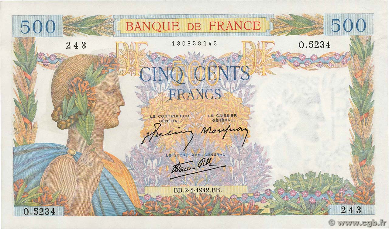500 Francs LA PAIX FRANKREICH  1942 F.32.33 fST+