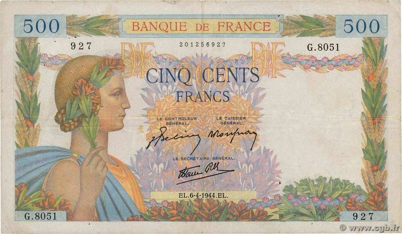 500 Francs LA PAIX FRANKREICH  1944 F.32.46 S