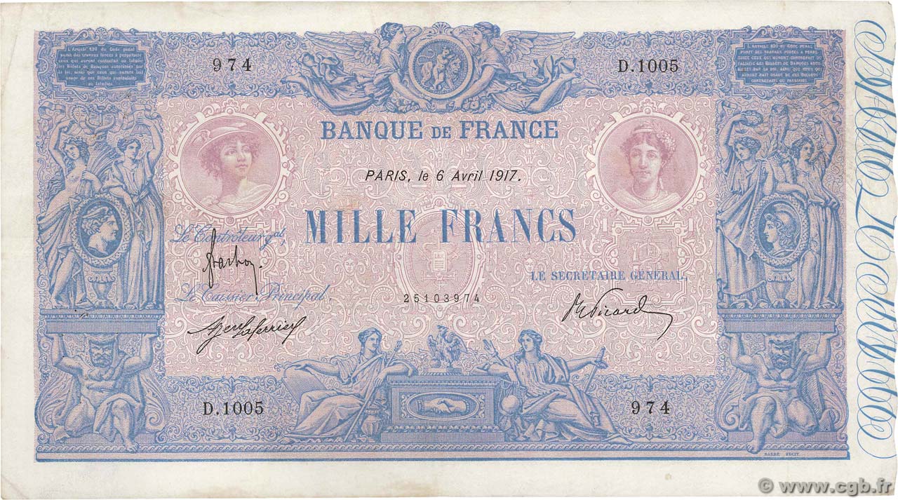 1000 Francs BLEU ET ROSE FRANCE  1917 F.36.31 TB+