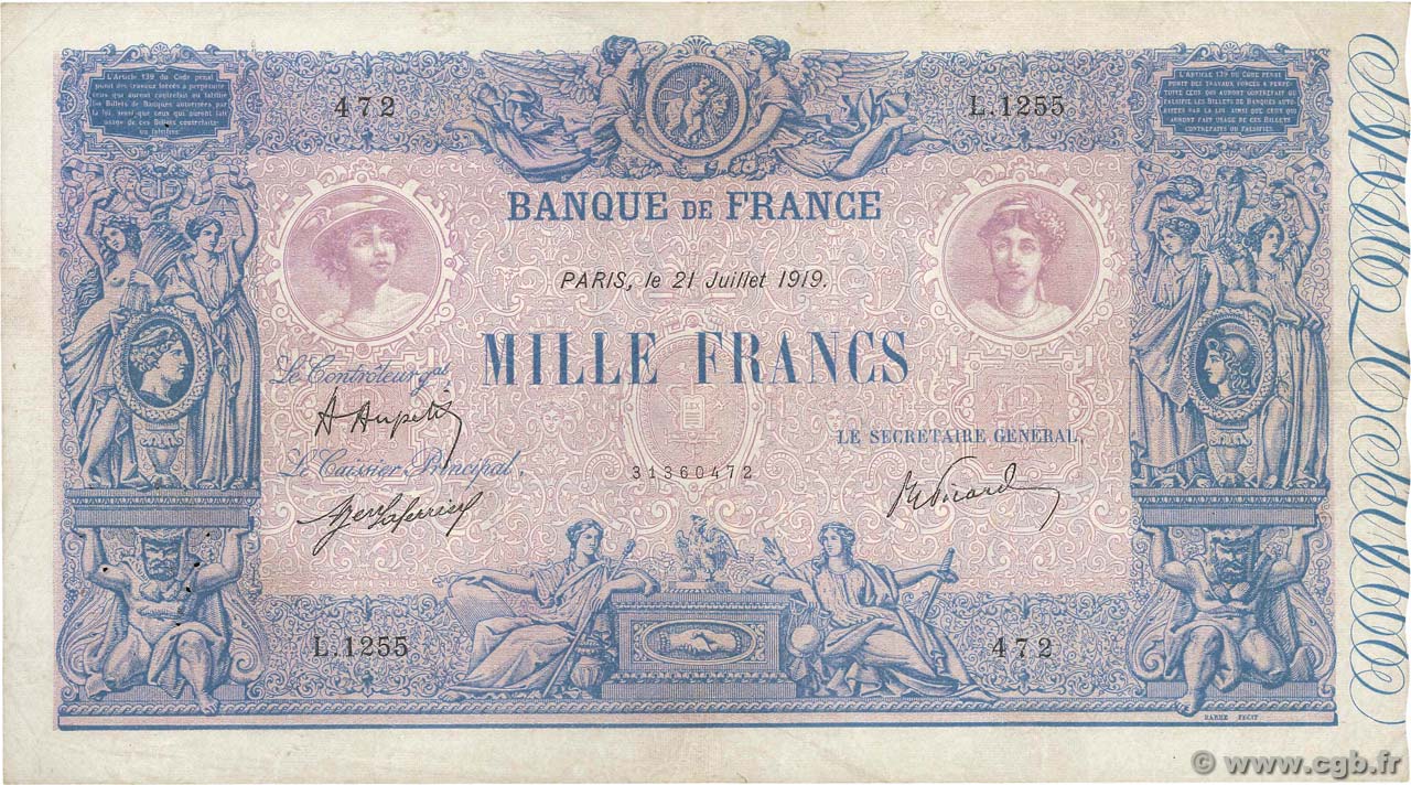 1000 Francs BLEU ET ROSE FRANCE  1919 F.36.34 VF