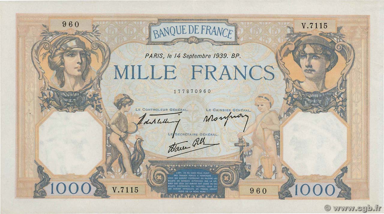 1000 Francs CÉRÈS ET MERCURE type modifié FRANKREICH  1939 F.38.36 VZ+