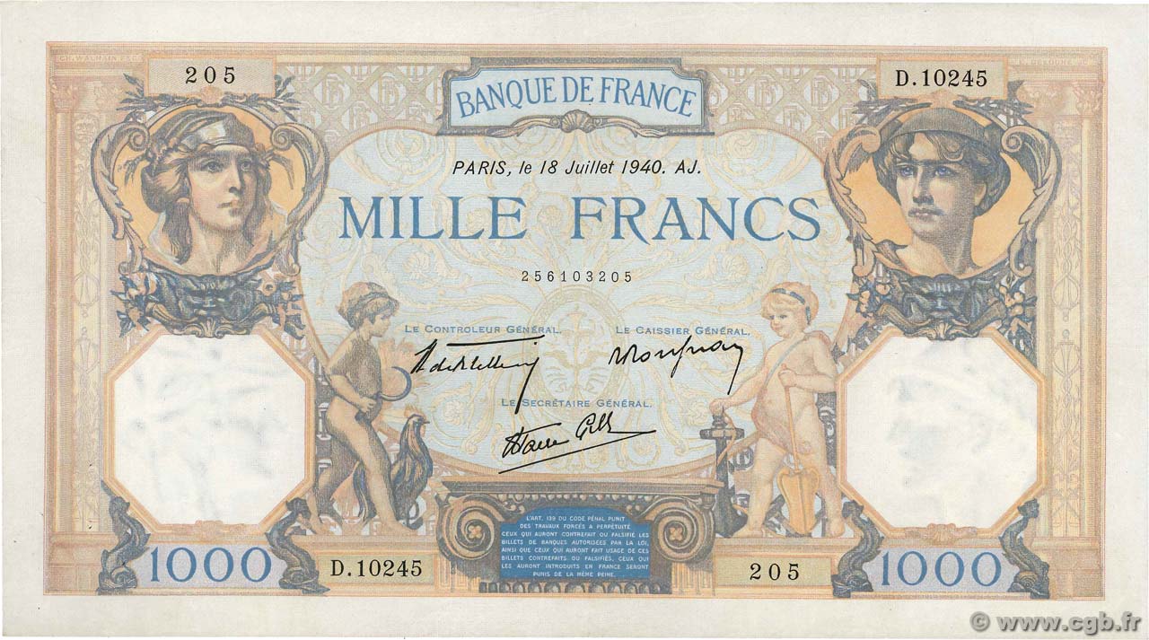 1000 Francs CÉRÈS ET MERCURE type modifié FRANCE  1940 F.38.50 SUP