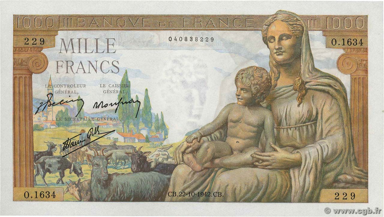 1000 Francs DÉESSE DÉMÉTER FRANCIA  1942 F.40.09 FDC