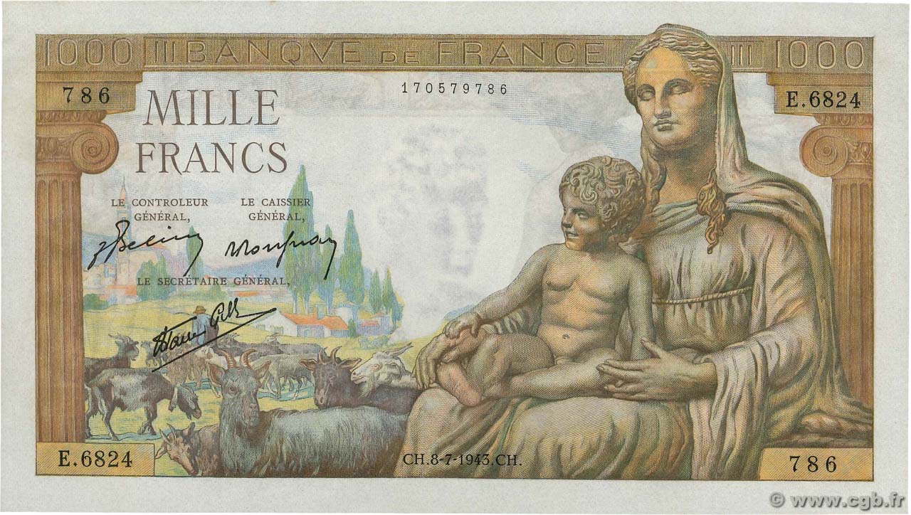 1000 Francs DÉESSE DÉMÉTER FRANCE  1943 F.40.29 UNC