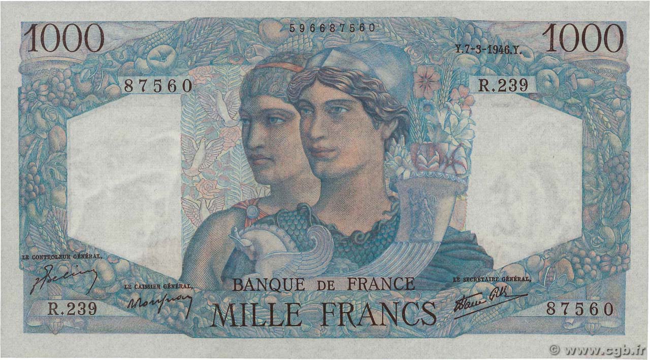 1000 Francs MINERVE ET HERCULE FRANCE  1946 F.41.12 UNC
