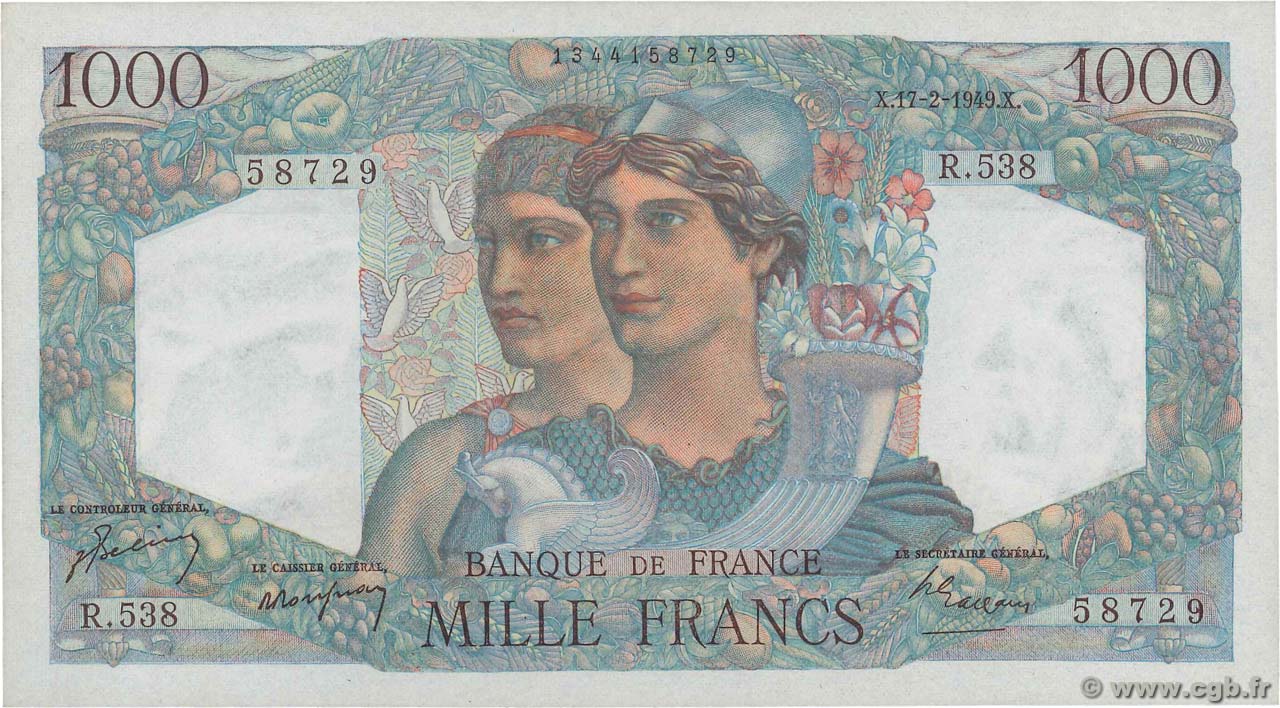1000 Francs MINERVE ET HERCULE FRANCE  1949 F.41.25 UNC-