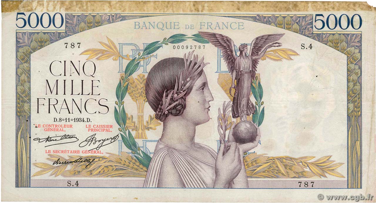 5000 Francs VICTOIRE FRANCIA  1934 F.44.01 BC+