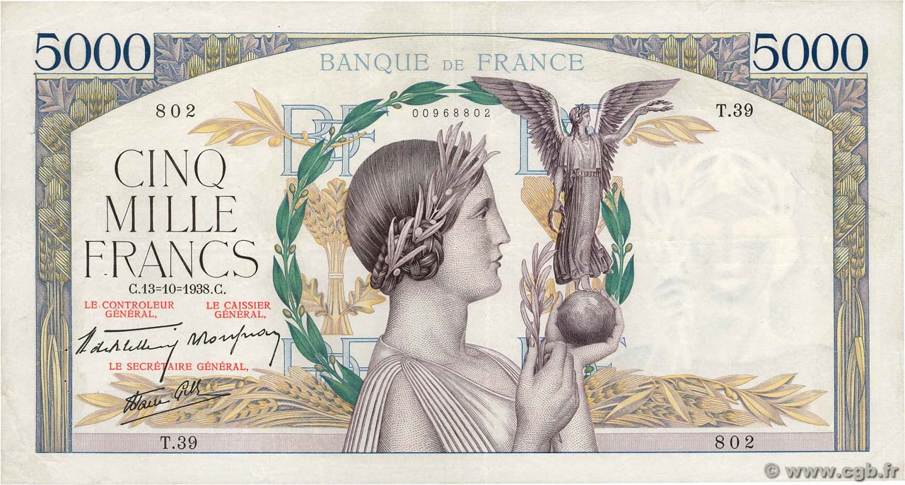 5000 Francs VICTOIRE modifié, taille douce FRANCE  1938 F.45.01 F+