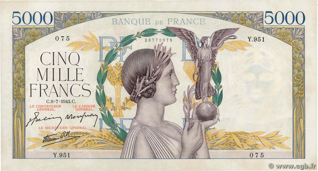 5000 Francs VICTOIRE Impression à plat FRANKREICH  1942 F.46.38 VZ