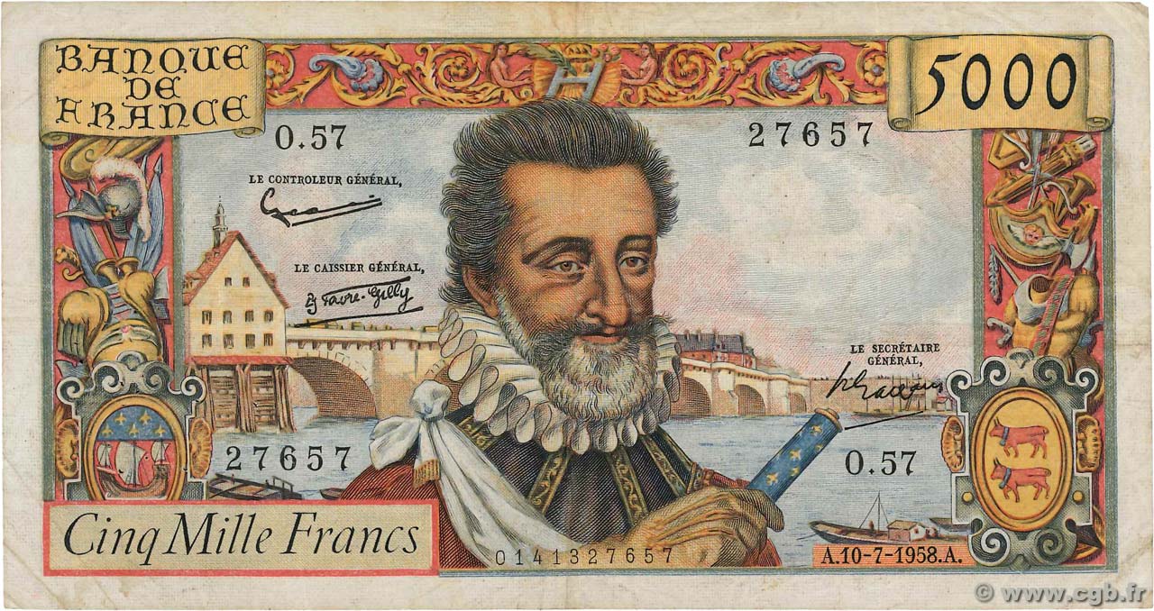 5000 Francs HENRI IV FRANCE  1958 F.49.07 TB