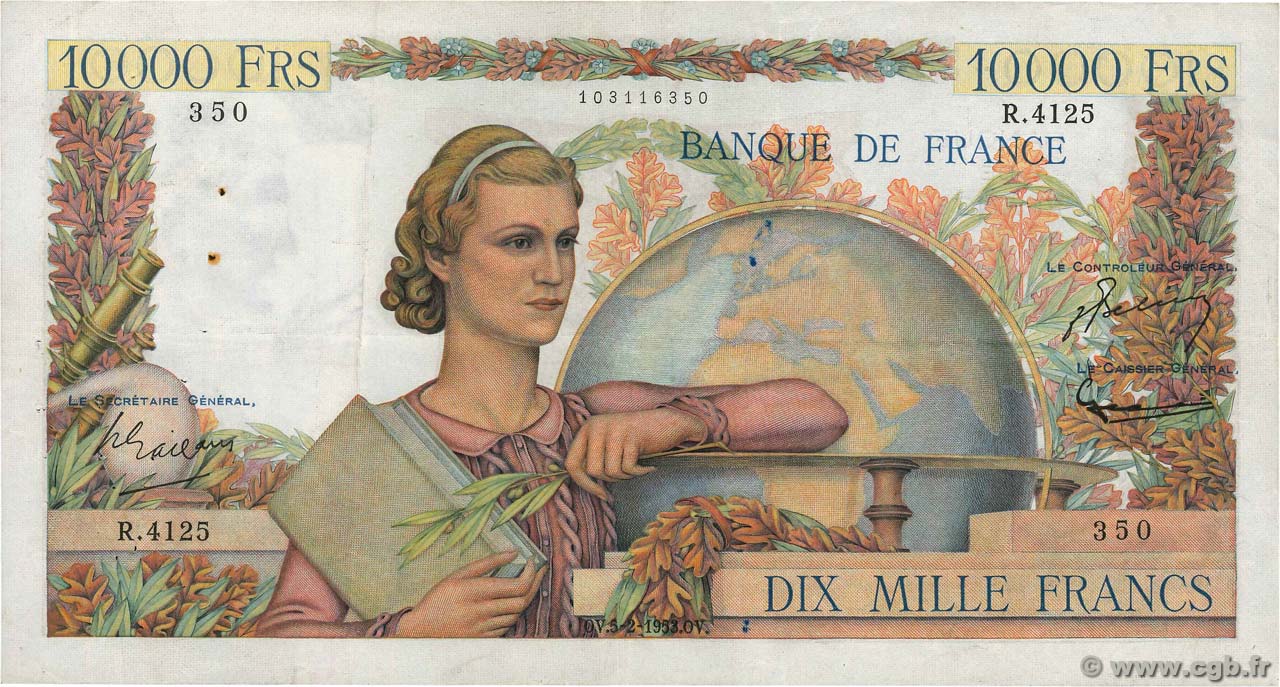 10000 Francs GÉNIE FRANÇAIS FRANCE  1953 F.50.63 TTB