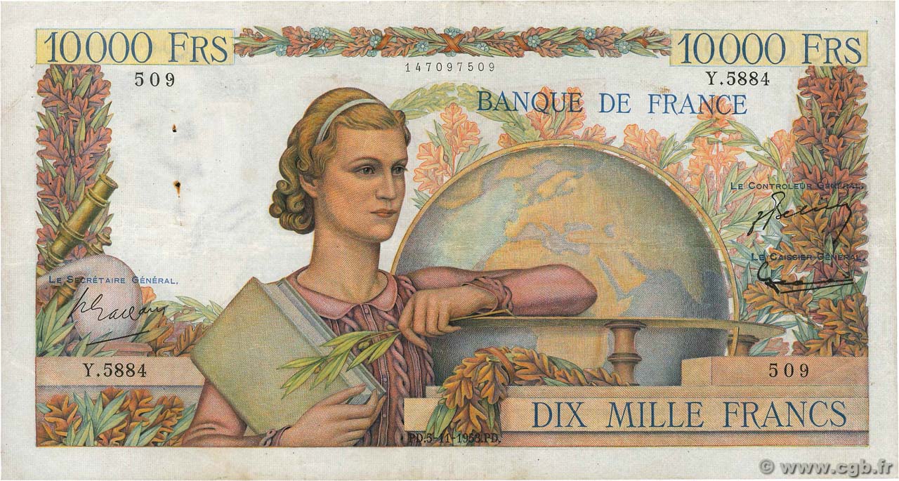 10000 Francs GÉNIE FRANÇAIS FRANCE  1953 F.50.68 pr.TTB
