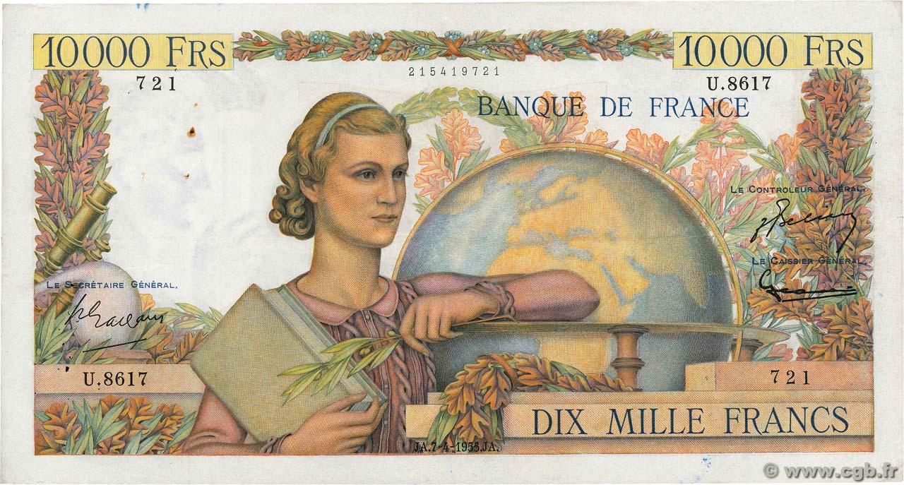 10000 Francs GÉNIE FRANÇAIS FRANCIA  1955 F.50.74 MBC