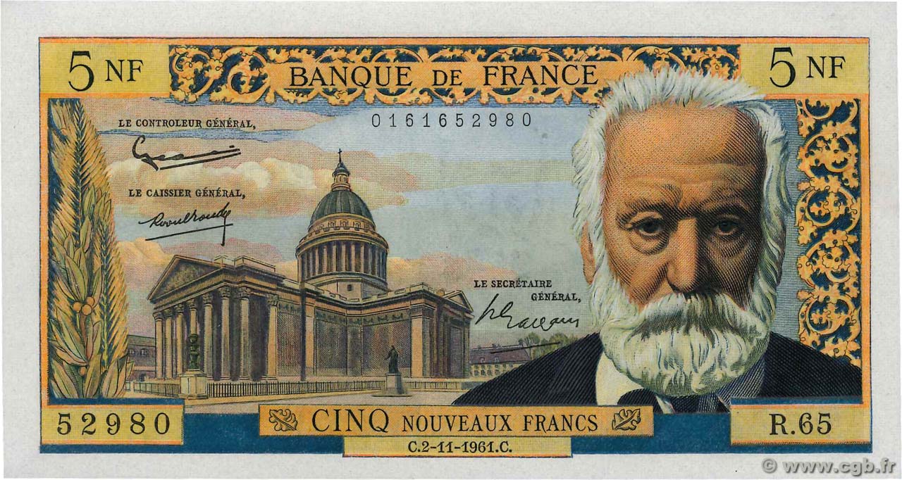 5 Nouveaux Francs VICTOR HUGO FRANCE  1961 F.56.09 SPL
