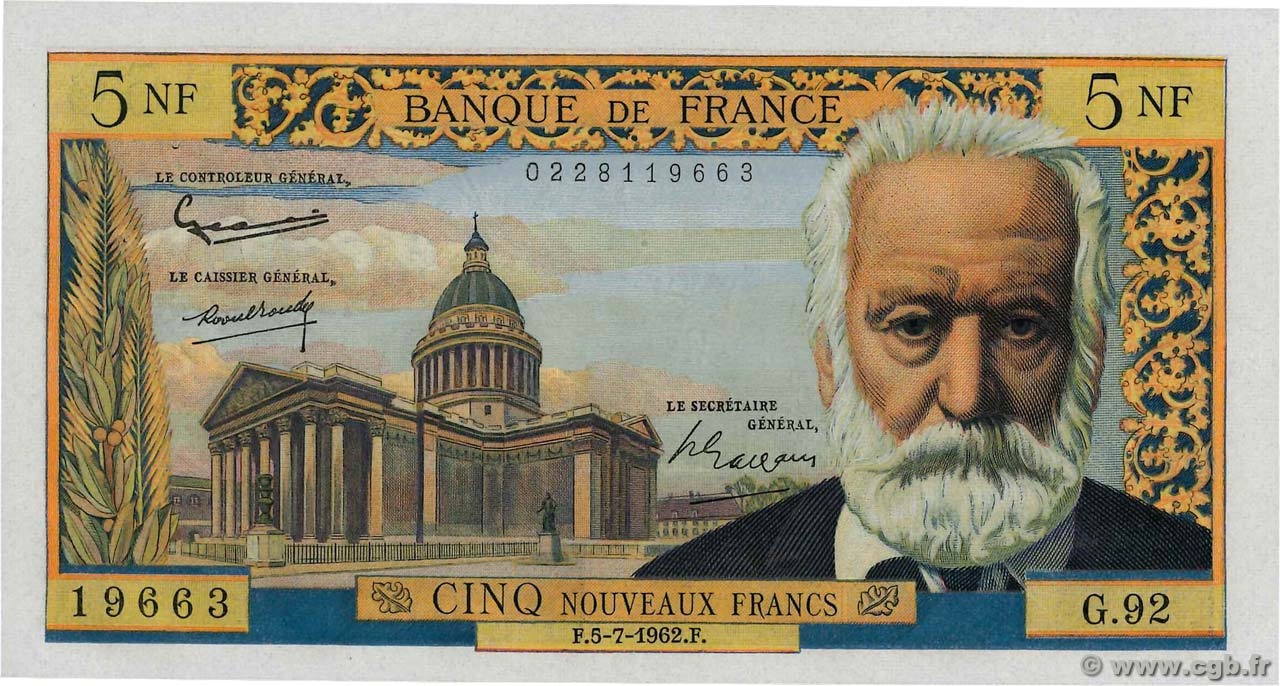 5 Nouveaux Francs VICTOR HUGO FRANCE  1962 F.56.12 SPL