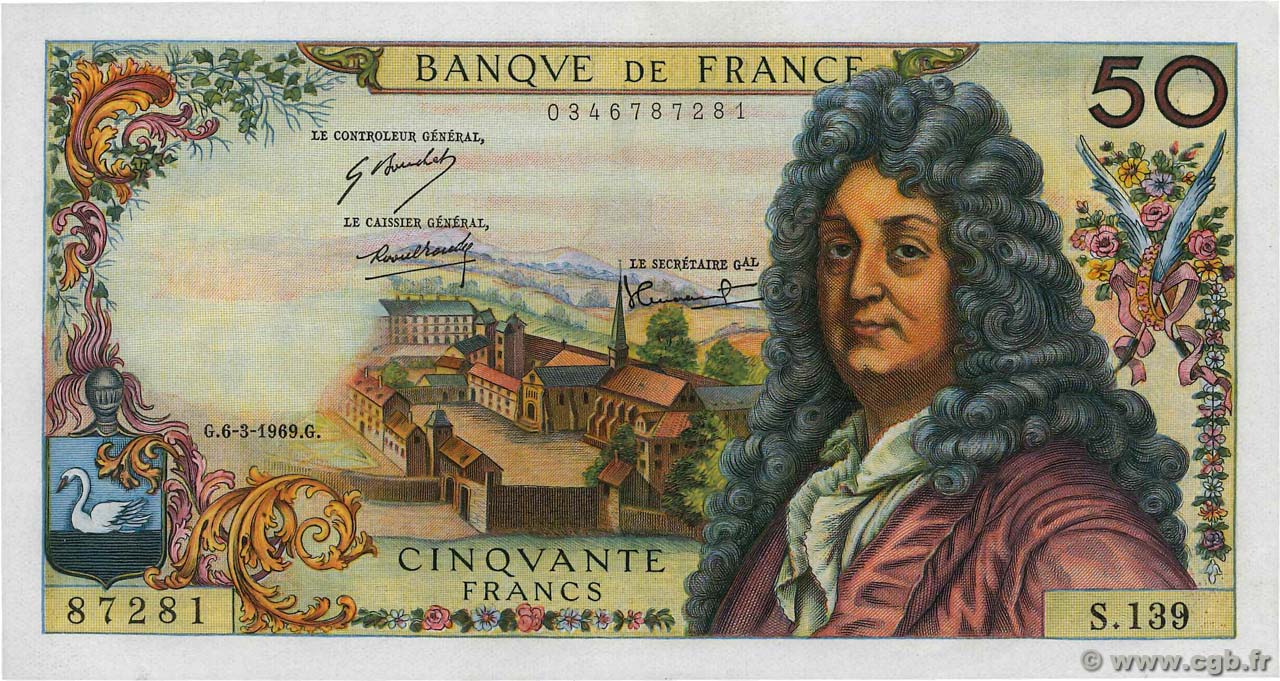 50 Francs RACINE FRANCIA  1969 F.64.13 q.FDC