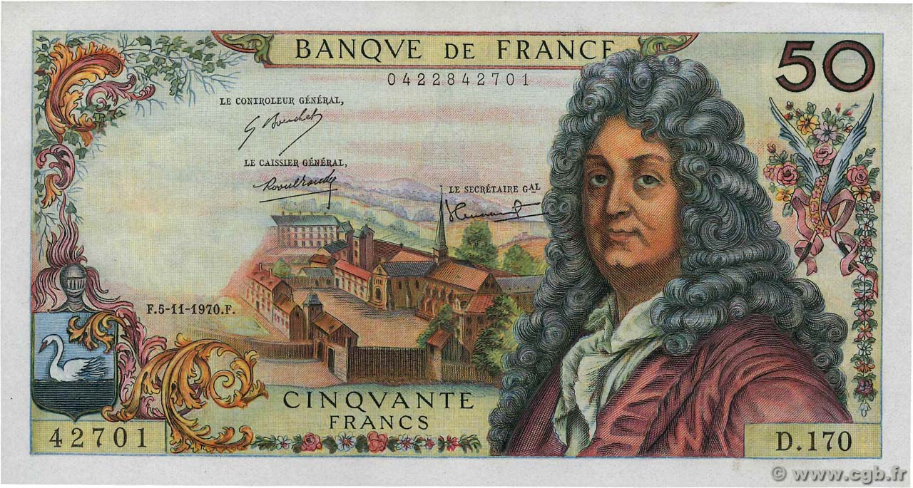 50 Francs RACINE FRANCIA  1970 F.64.17 q.FDC