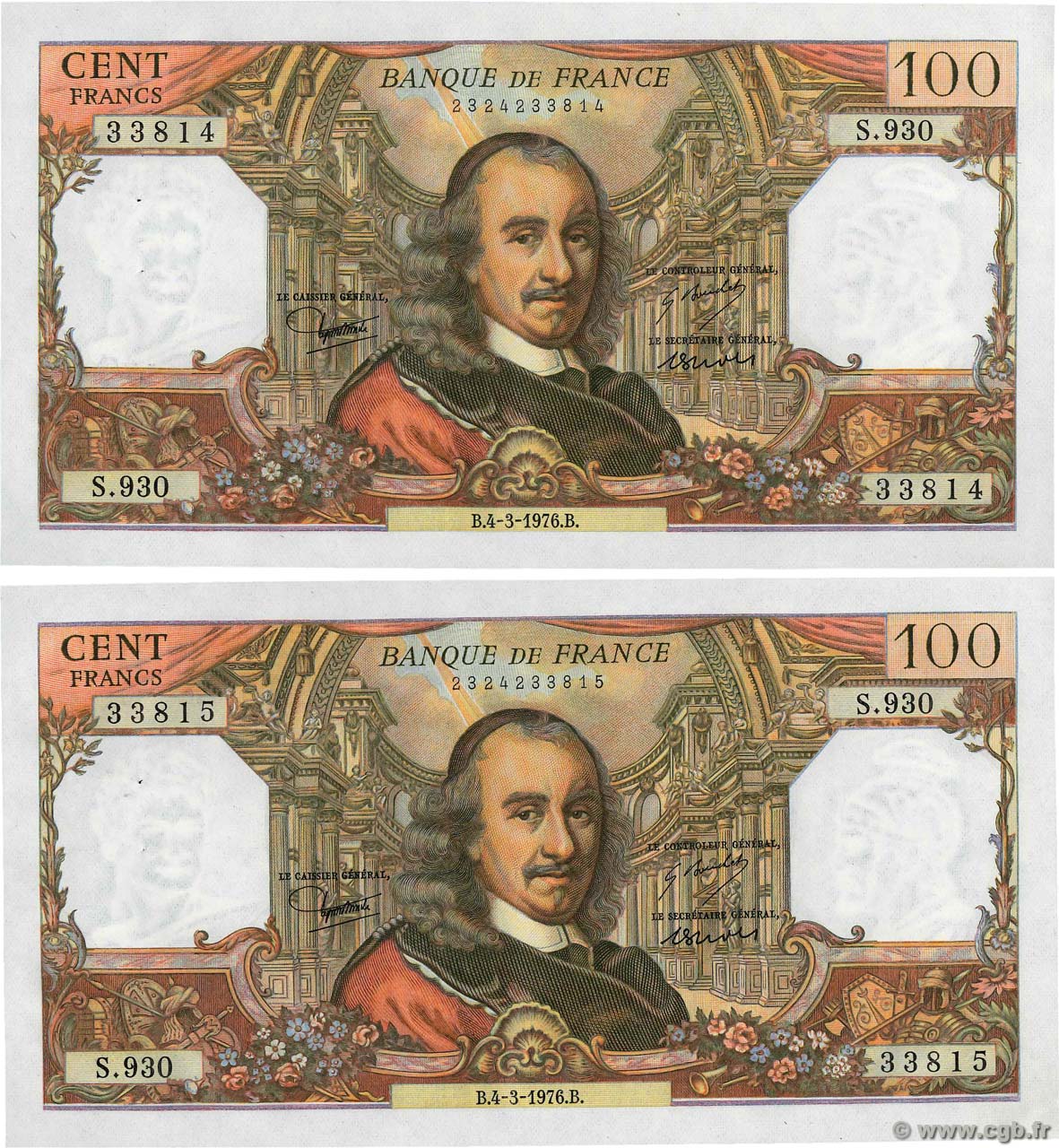 100 Francs CORNEILLE Consécutifs FRANCIA  1976 F.65.52 AU