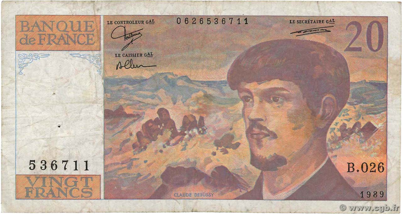 20 Francs DEBUSSY FRANKREICH  1989 F.66.10B26 fS