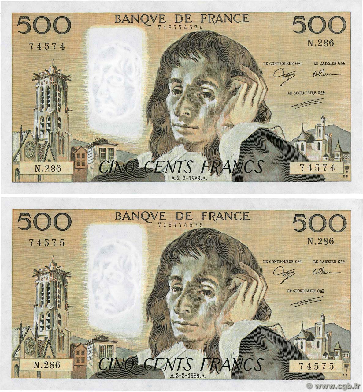 500 Francs PASCAL Consécutifs FRANKREICH  1989 F.71.40 fST+