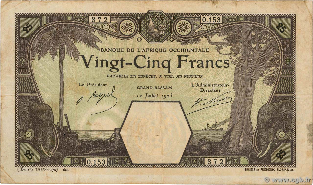 25 Francs GRAND-BASSAM FRENCH WEST AFRICA Grand-Bassam 1923 P.07Db MB