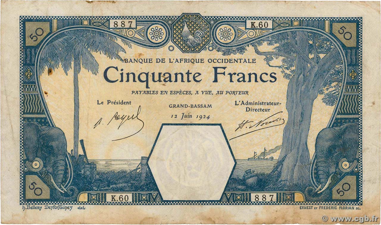50 Francs GRAND-BASSAM FRENCH WEST AFRICA Grand-Bassam 1924 P.09Db BC