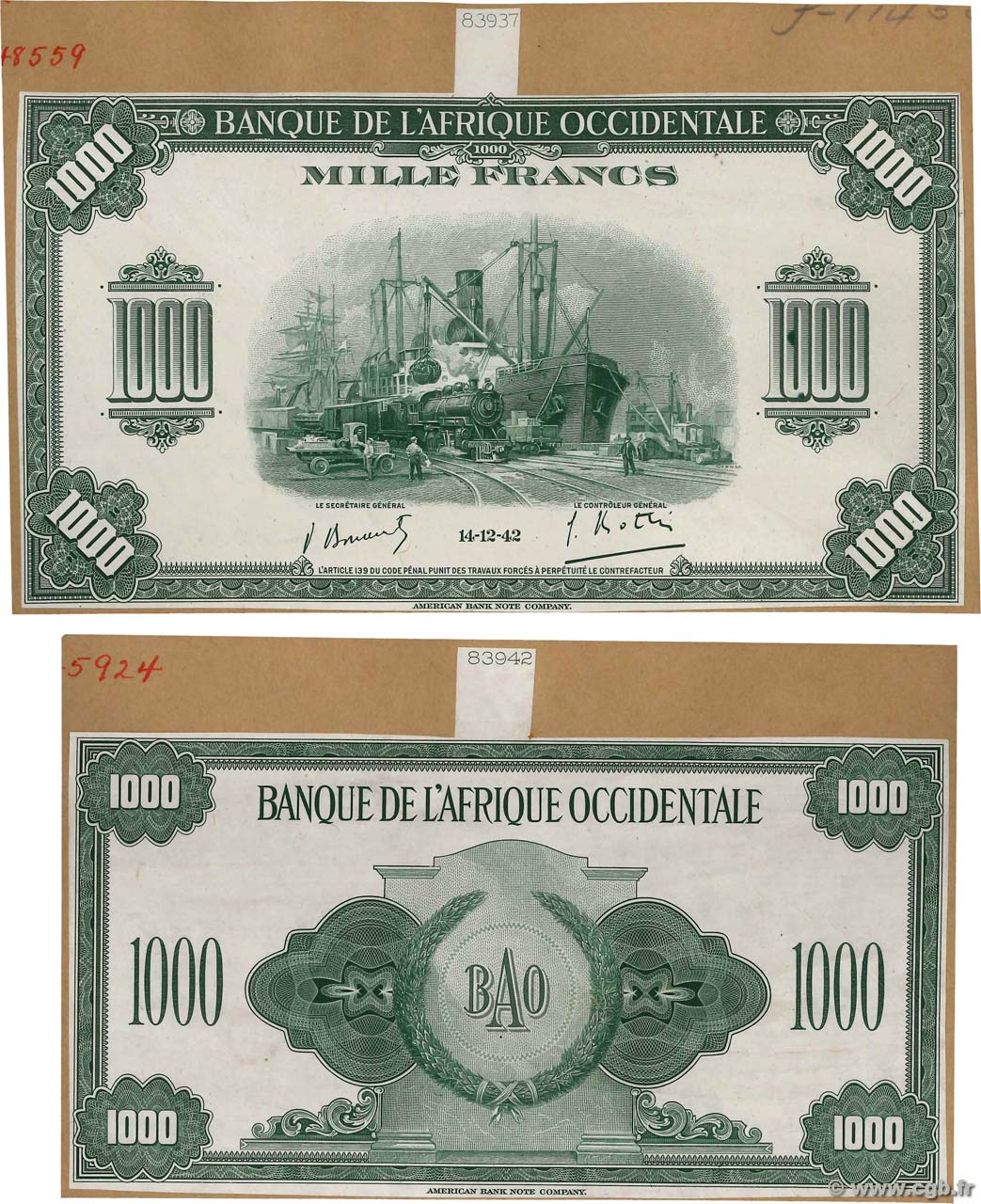 1000 Francs Épreuve FRENCH WEST AFRICA  1942 P.32s VZ+