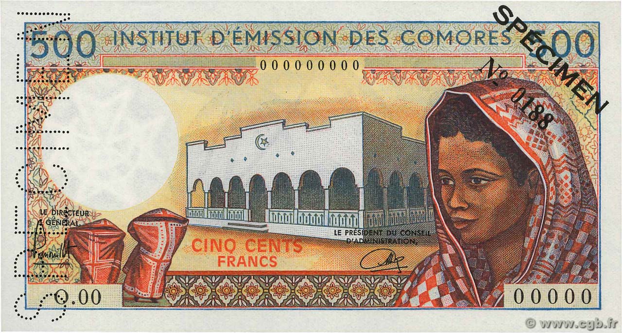 500 Francs Spécimen COMORAS  1976 P.07as SC+