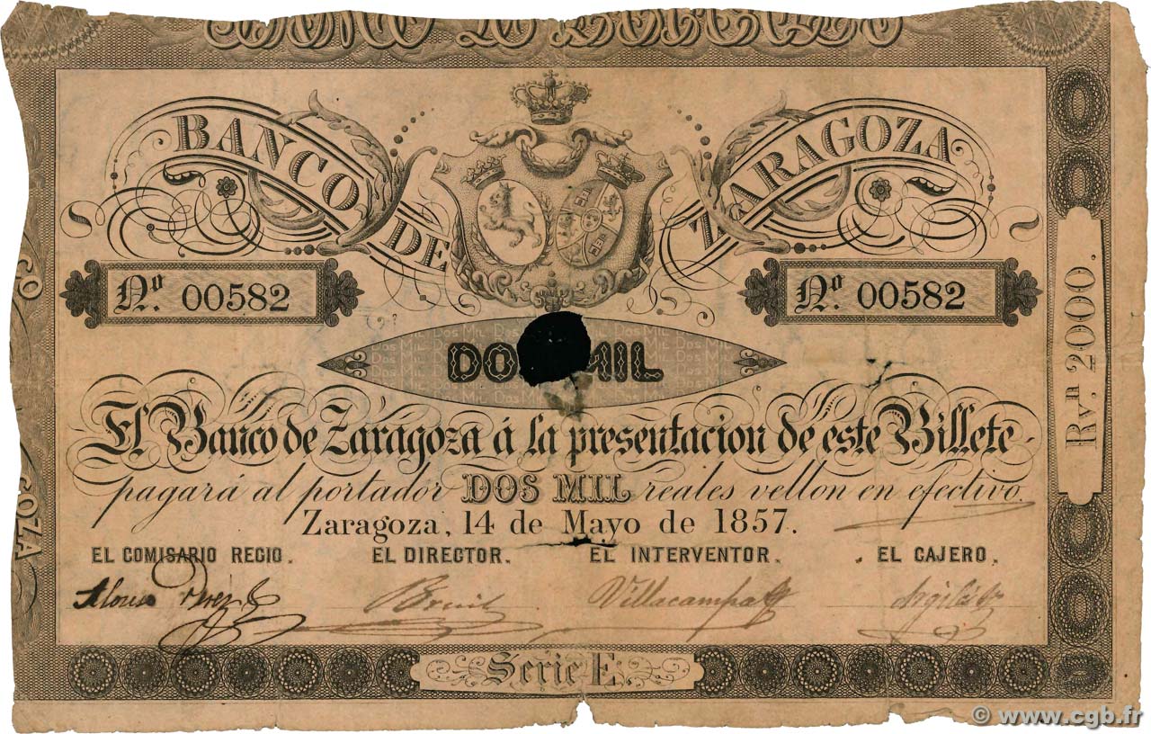 2000 Reales De Vellon Annulé ESPAÑA Zaragoza 1857 PS.455 RC+