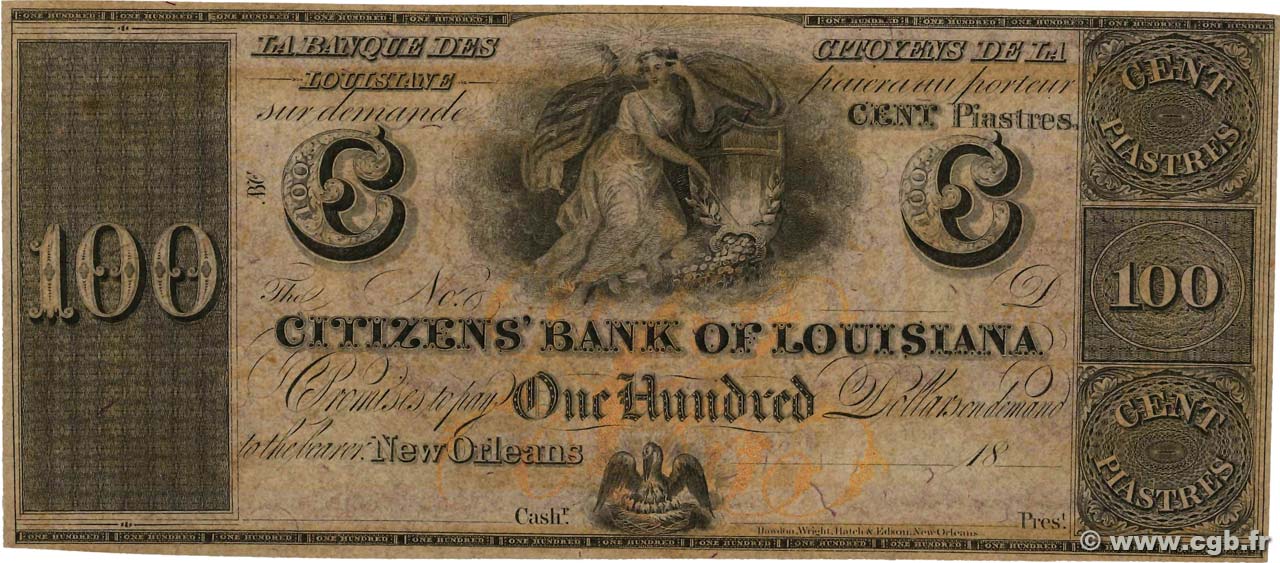 100 Dollars - 100 Piastres Non émis UNITED STATES OF AMERICA Shreveport 1863  UNC-