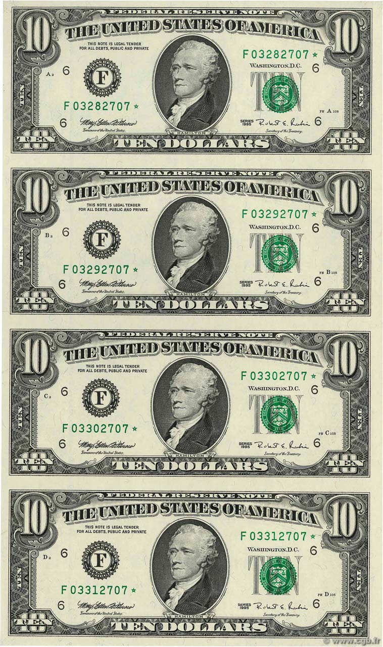 10 Dollars Remplacement UNITED STATES OF AMERICA Atlanta 1995 P.499pl UNC
