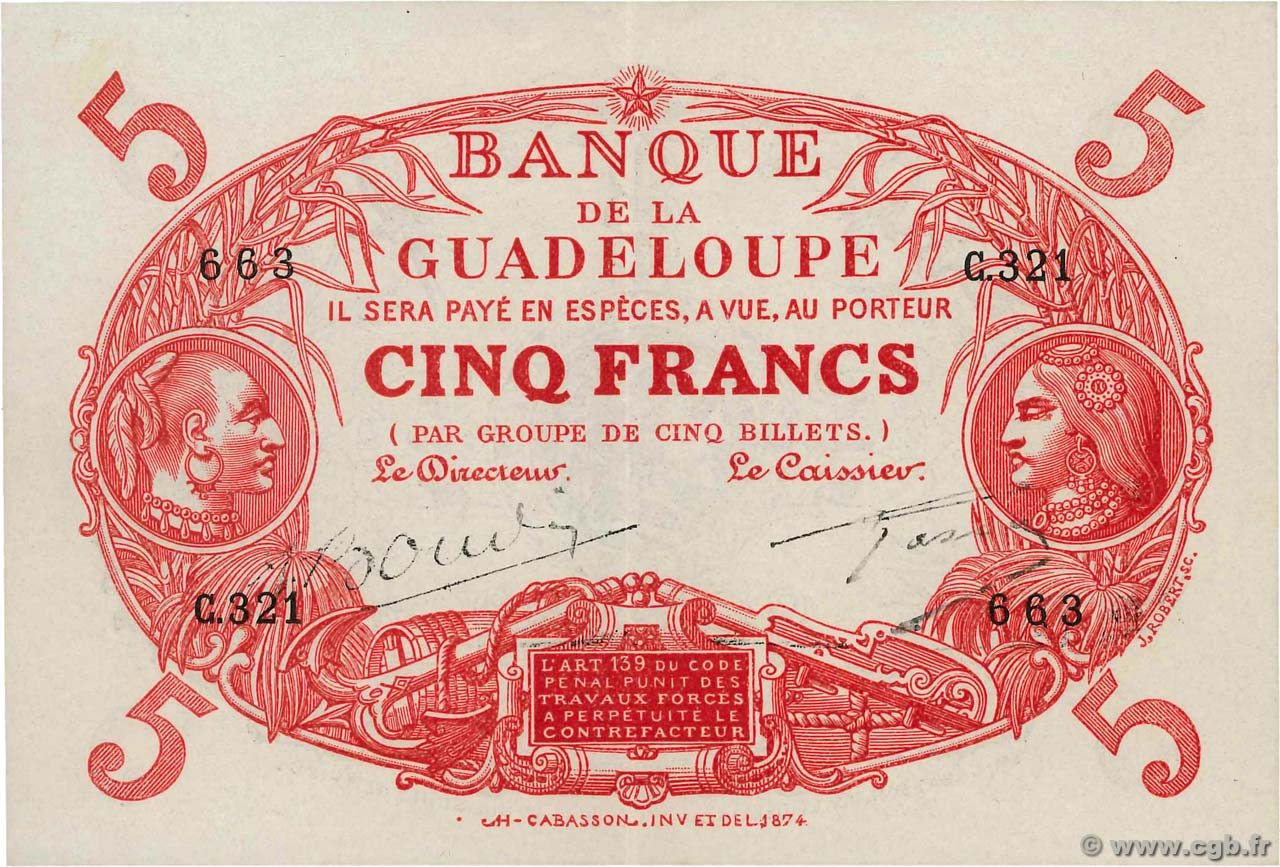 5 Francs Cabasson rouge GUADELOUPE  1945 P.07e fST