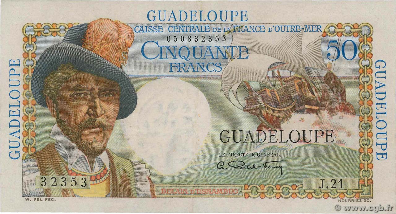 50 Francs Belain d Esnambuc GUADELOUPE  1946 P.34 fVZ