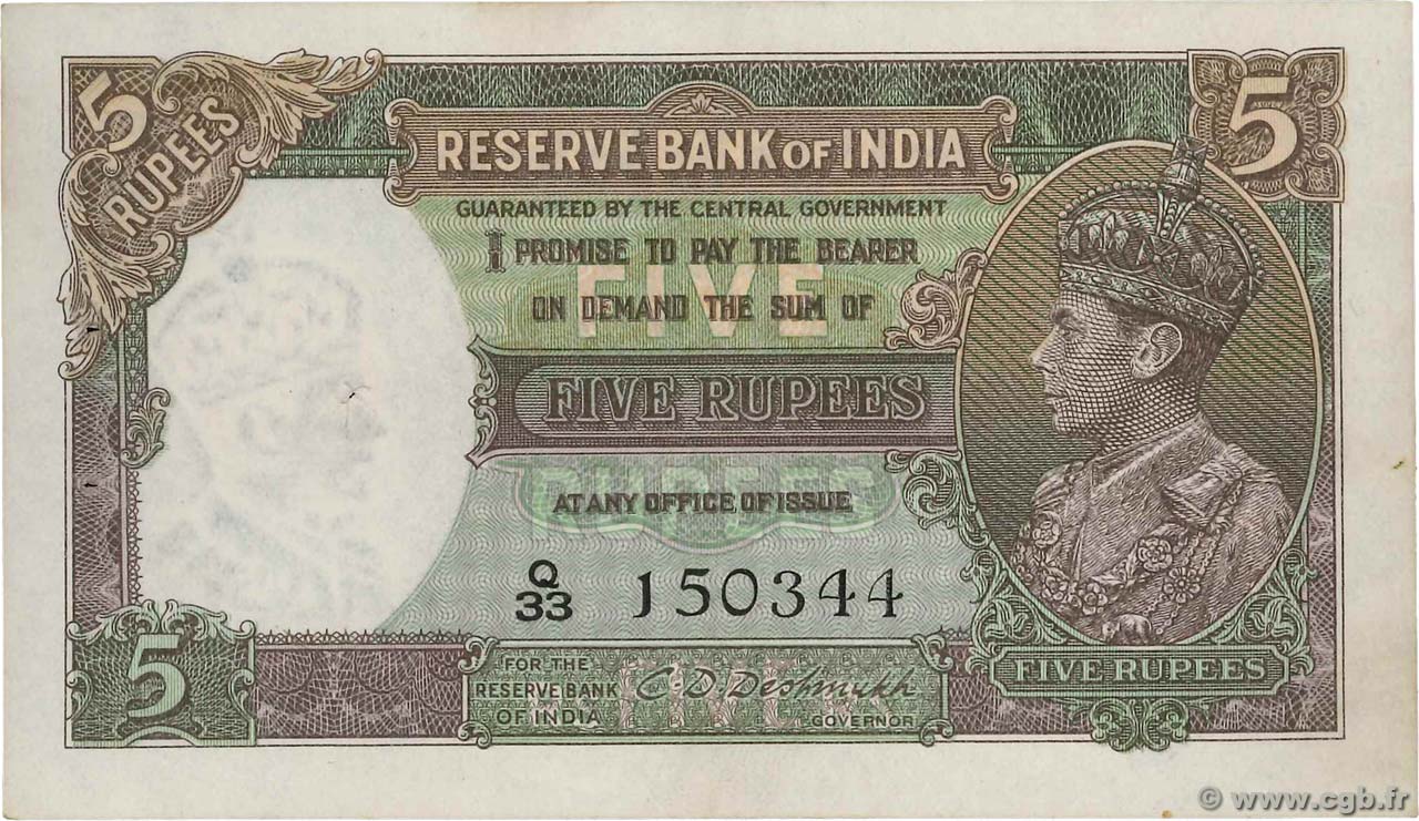5 Rupees INDIA  1943 P.018b XF-