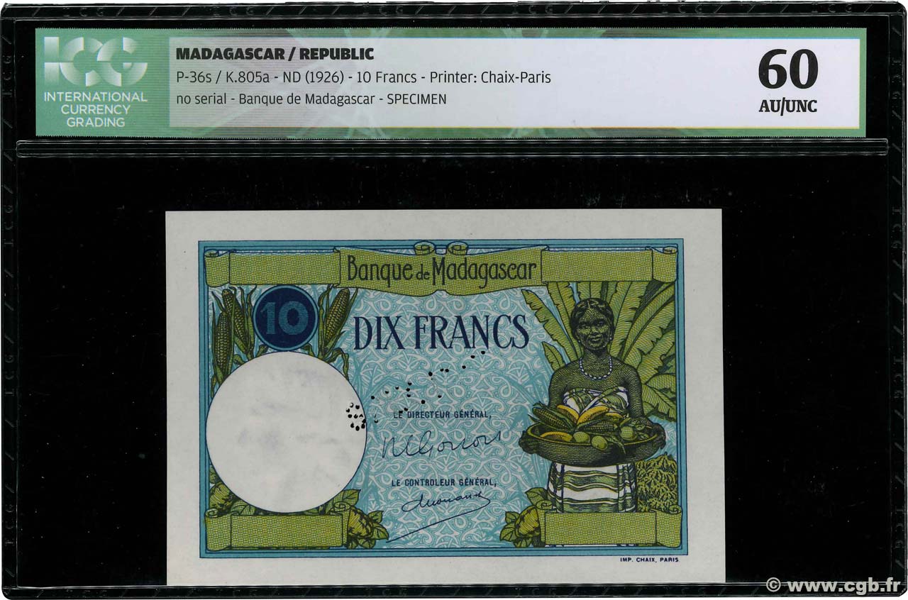 10 Francs Spécimen MADAGASCAR  1948 P.036s SC+