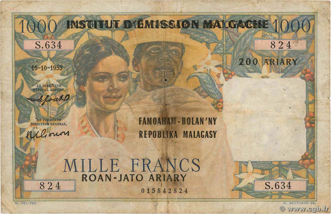 1000 Francs - 200 Ariary MADAGASCAR  1953 P.054 MB