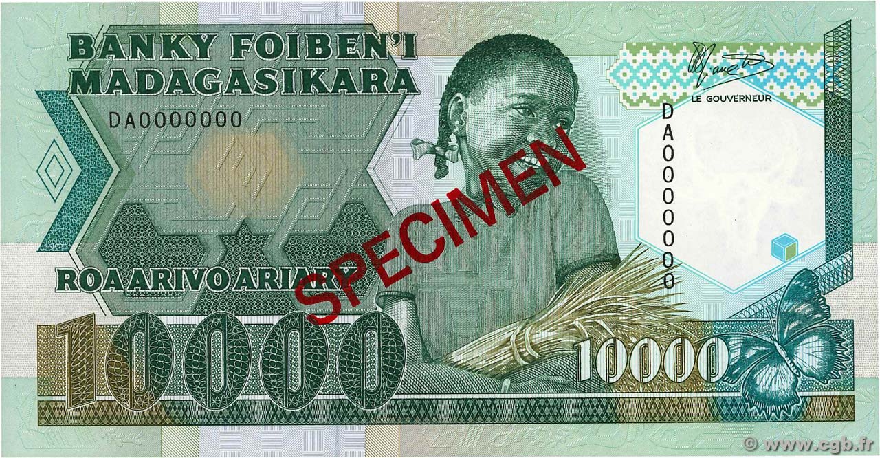 10000 Francs - 2000 Ariary Spécimen MADAGASCAR  1988 P.074as UNC-