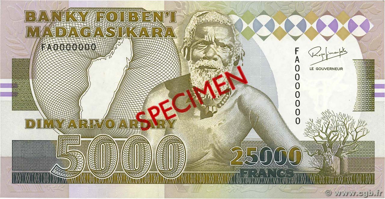 25000 Francs - 5000 Ariary Spécimen MADAGASCAR  1993 P.074Aas UNC-