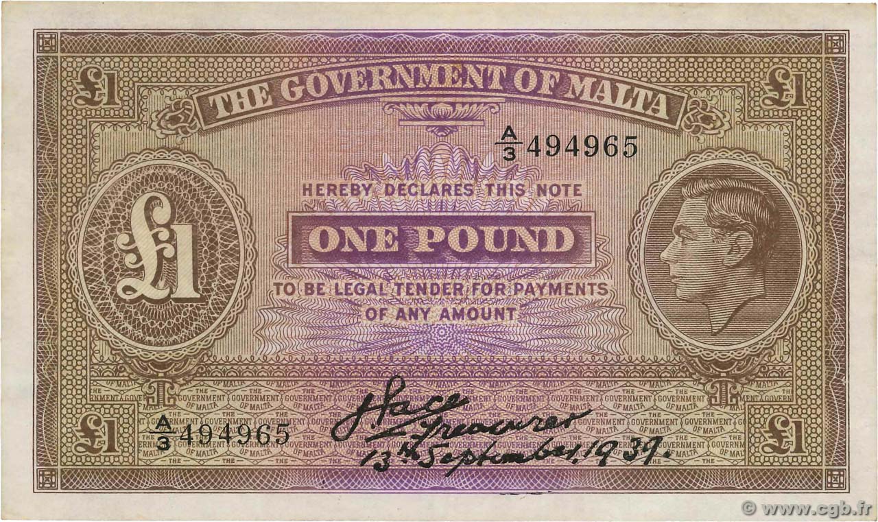 1 Pound MALTA  1939 P.14 VF+