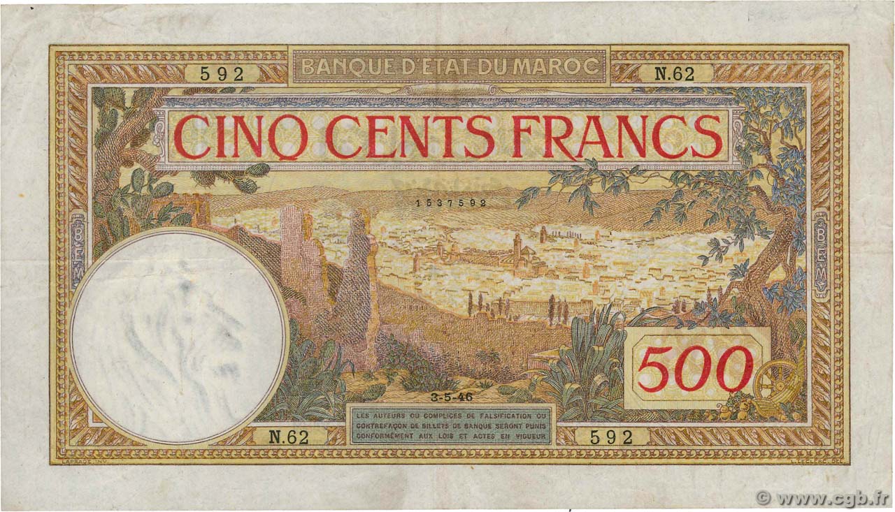 500 Francs MOROCCO  1946 P.15b VF