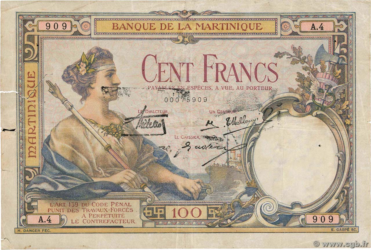 100 Francs MARTINIQUE  1930 P.13 q.MB