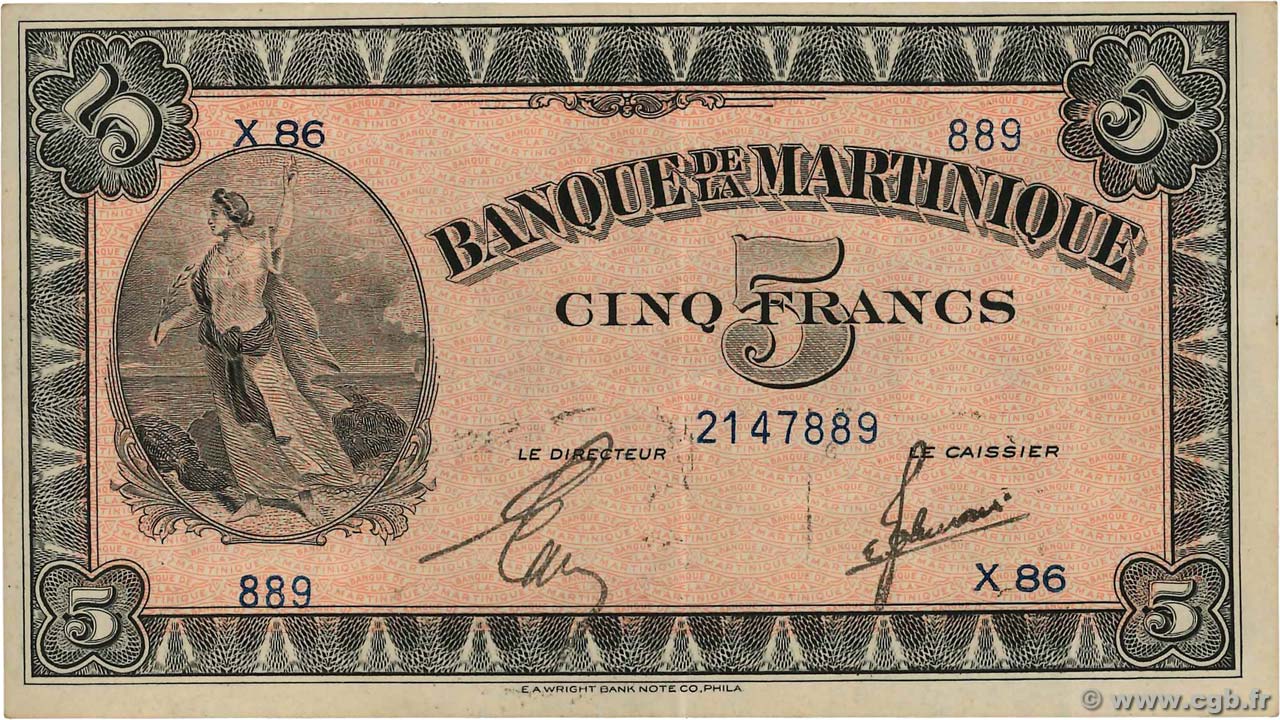 5 Francs MARTINIQUE  1944 P.16b VZ