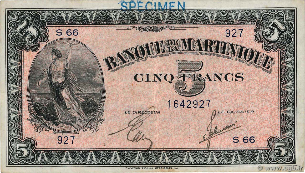 5 Francs Spécimen MARTINIQUE  1942 P.16s BB