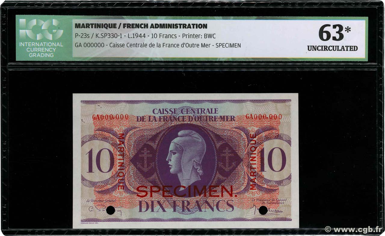 10 Francs Spécimen MARTINIQUE  1943 P.23s UNC