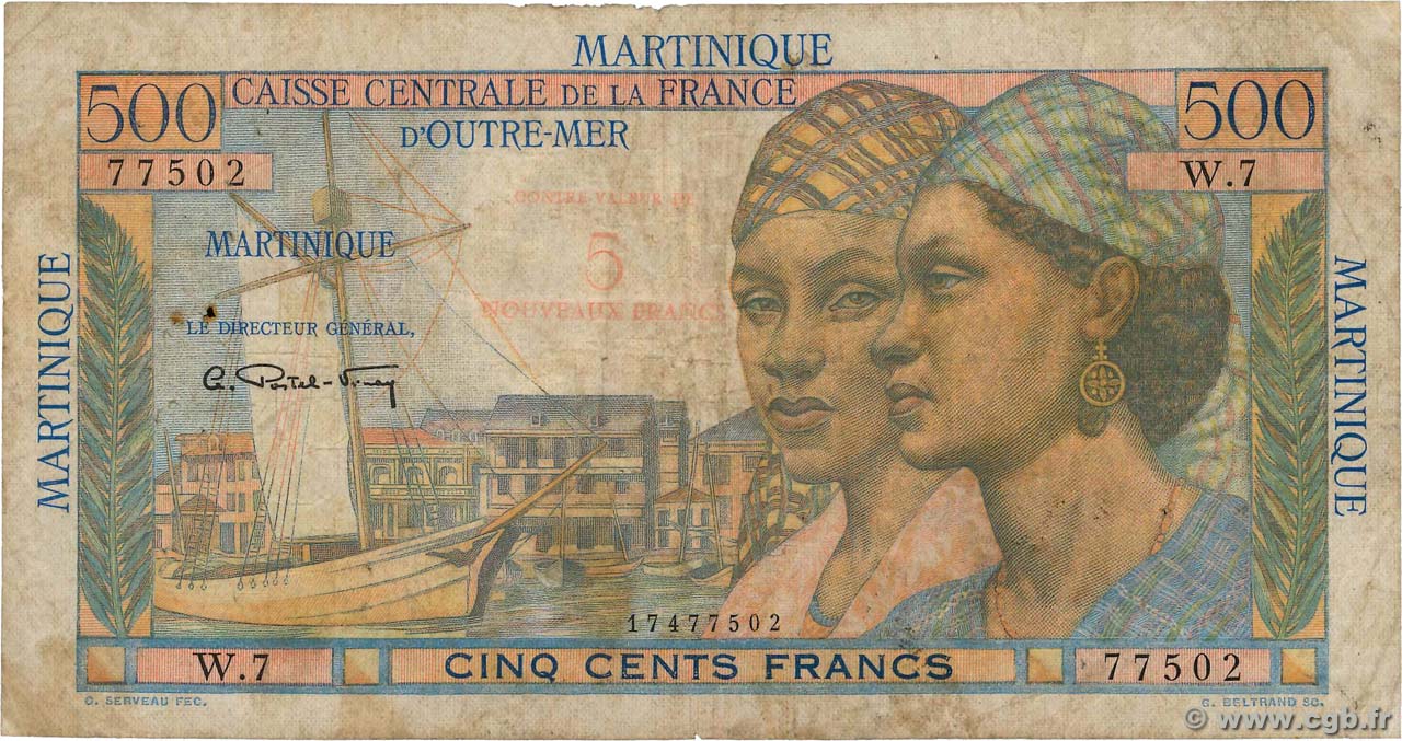 5 NF sur 500 Francs Pointe à pitre MARTINIQUE  1960 P.38 G