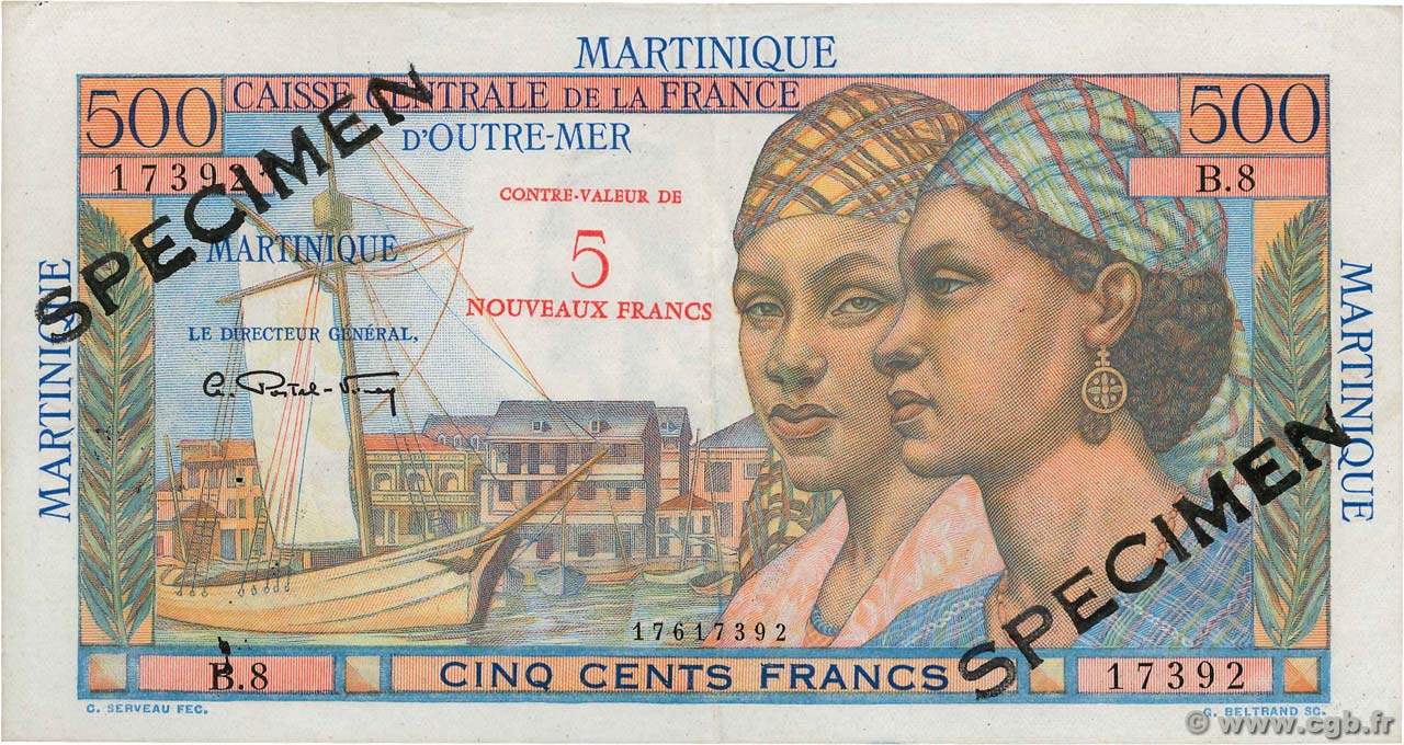 5 NF sur 500 Francs Pointe à pitre Spécimen MARTINIQUE  1960 P.38s MBC+
