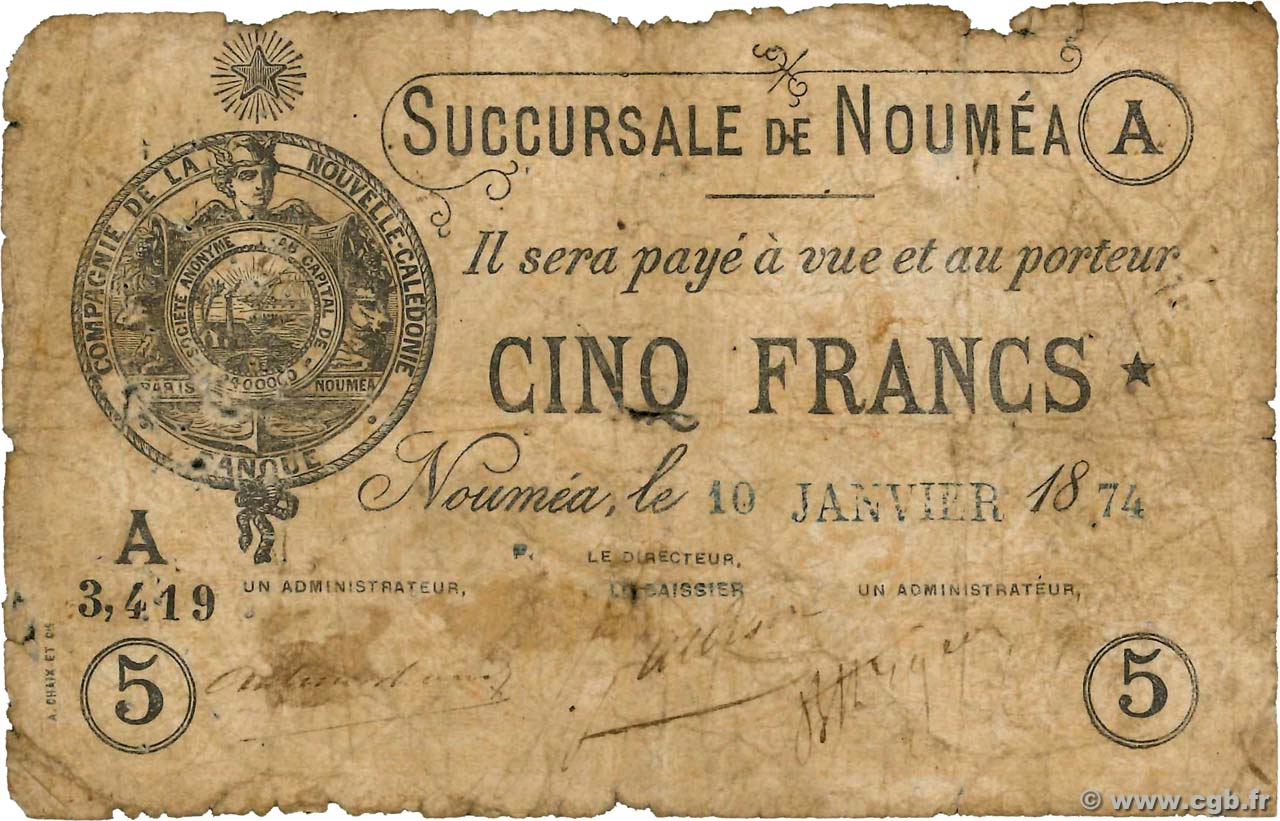 5 Francs NOUVELLE CALÉDONIE Nouméa 1874 P.02 AB